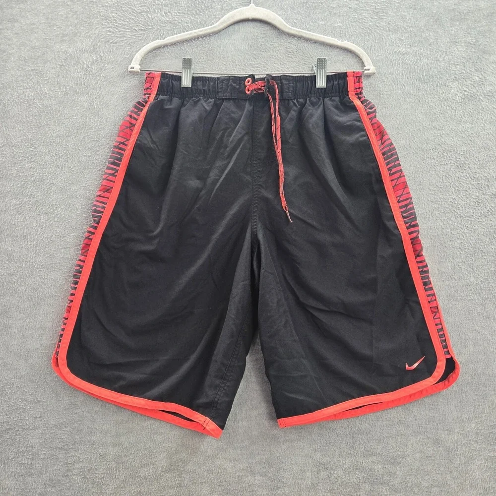 Nike Men Swimwear Large Black Red‎ Striped Swim Trunks Swoosh Logo Drawstring